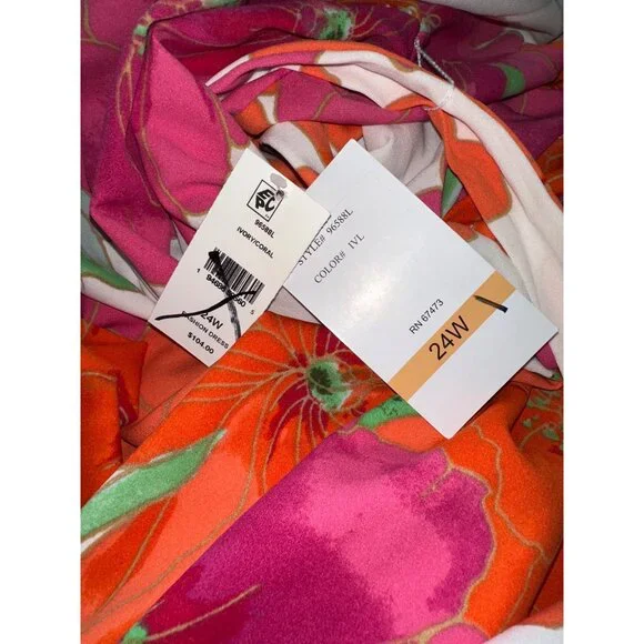 NWT Maison Tara Dress Floral Wrap Puff Sleeves Belt Orange Pink Flowers Chic 24W - Picture 7 of 7
